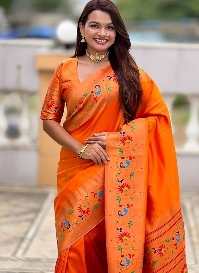 orange soft paithani style silk blend with zari weaving meenakari saree with blouse