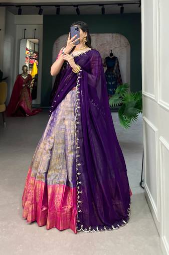 multicolor silk blend plain Onam lehenga choli