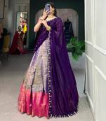multicolor silk blend plain Onam lehenga choli