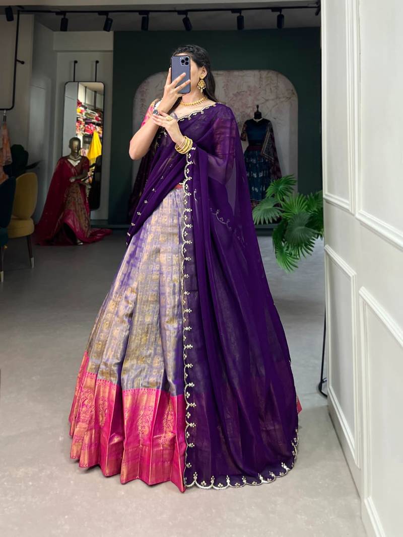 multicolor silk blend plain Onam lehenga choli