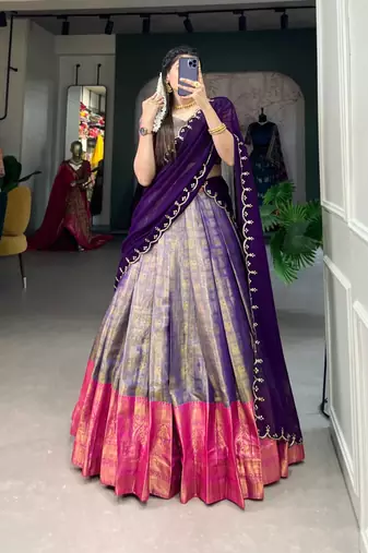 multicolor silk blend plain Onam lehenga choli