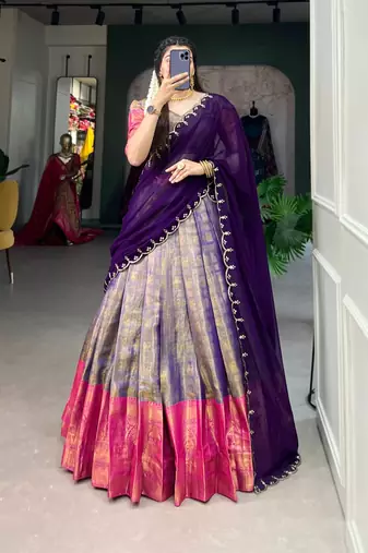 multicolor silk blend plain Onam lehenga choli