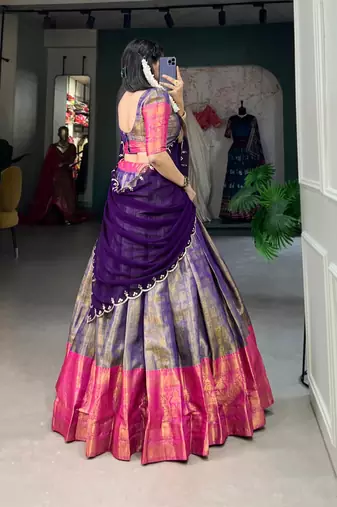 multicolor silk blend plain Onam lehenga choli