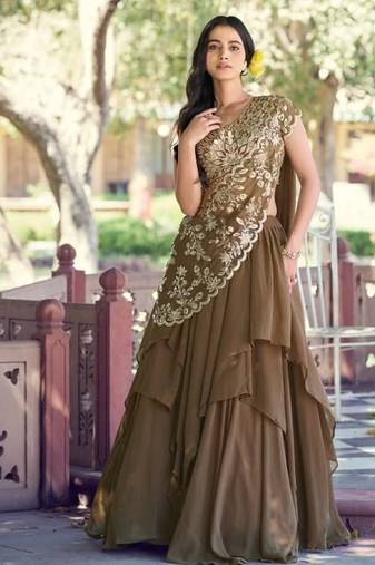 brown silk blend plain Navratri lehenga choli