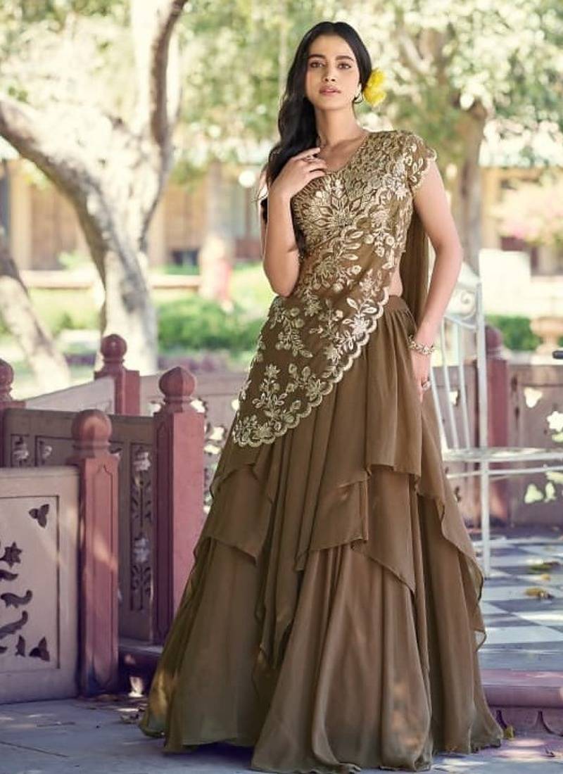 brown silk blend plain Navratri lehenga choli