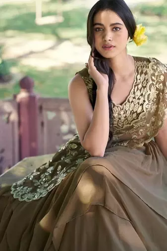 brown silk blend plain Navratri lehenga choli