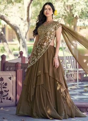 brown silk blend plain Navratri lehenga choli 3