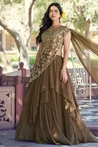 brown silk blend plain Navratri lehenga choli