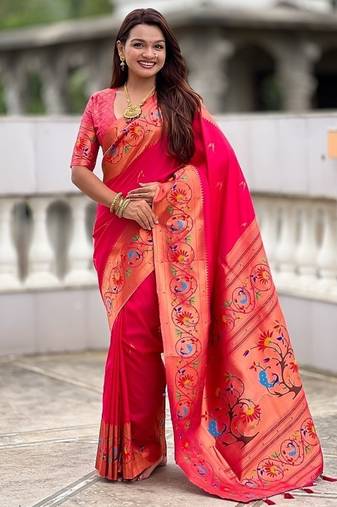 ranipink soft paithani style silk blend with zari weaving meenakari saree with blouse