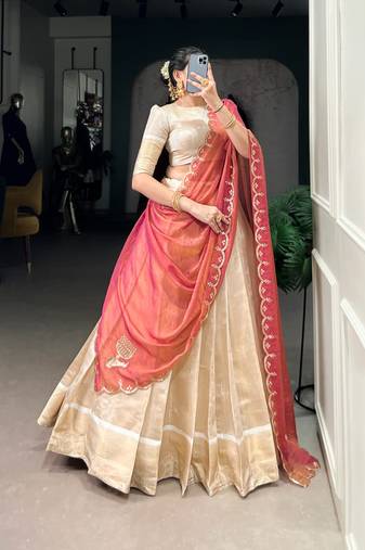 cream jacquard plain Onam lehenga choli