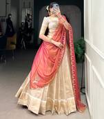 cream jacquard plain Onam lehenga choli