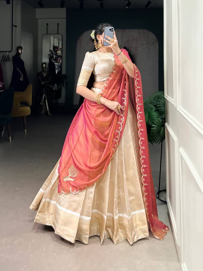 cream jacquard plain Onam lehenga choli