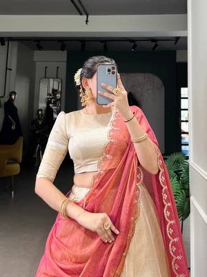 cream jacquard plain Onam lehenga choli 2