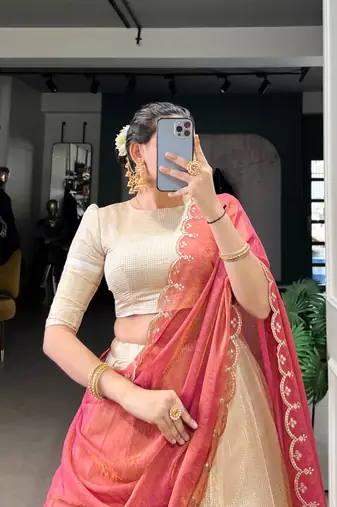 cream jacquard plain Onam lehenga choli
