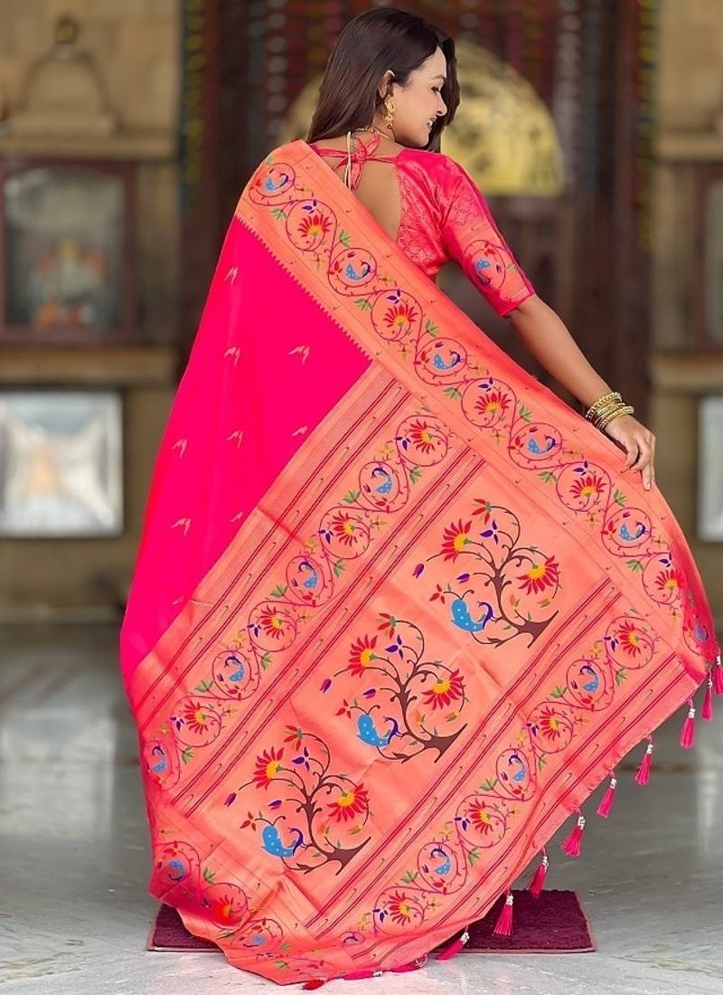 ranipink soft paithani style silk blend with zari weaving meenakari saree with blouse