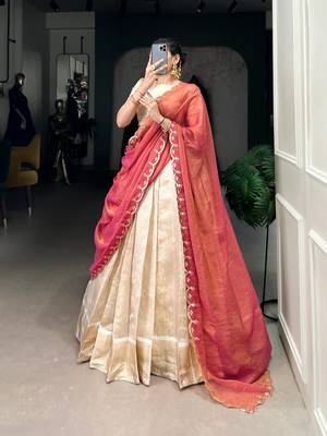 cream jacquard plain Onam lehenga choli 3