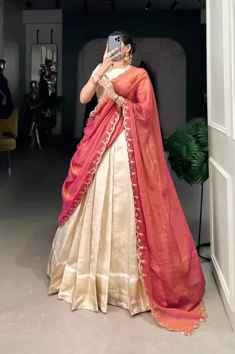 cream jacquard plain Onam lehenga choli