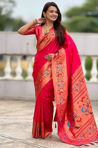 ranipink soft paithani style silk blend with zari weaving meenakari saree with blouse