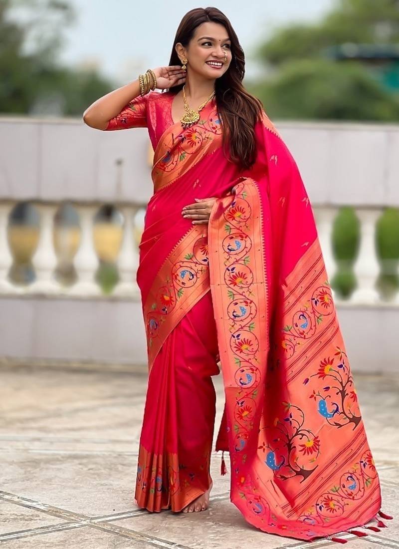 ranipink soft paithani style silk blend with zari weaving meenakari saree with blouse