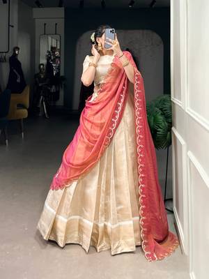 cream jacquard plain Onam lehenga choli 4