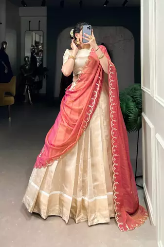 cream jacquard plain Onam lehenga choli