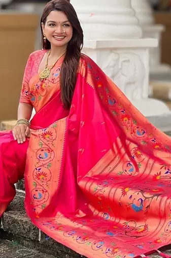 ranipink soft paithani style silk blend with zari weaving meenakari saree with blouse