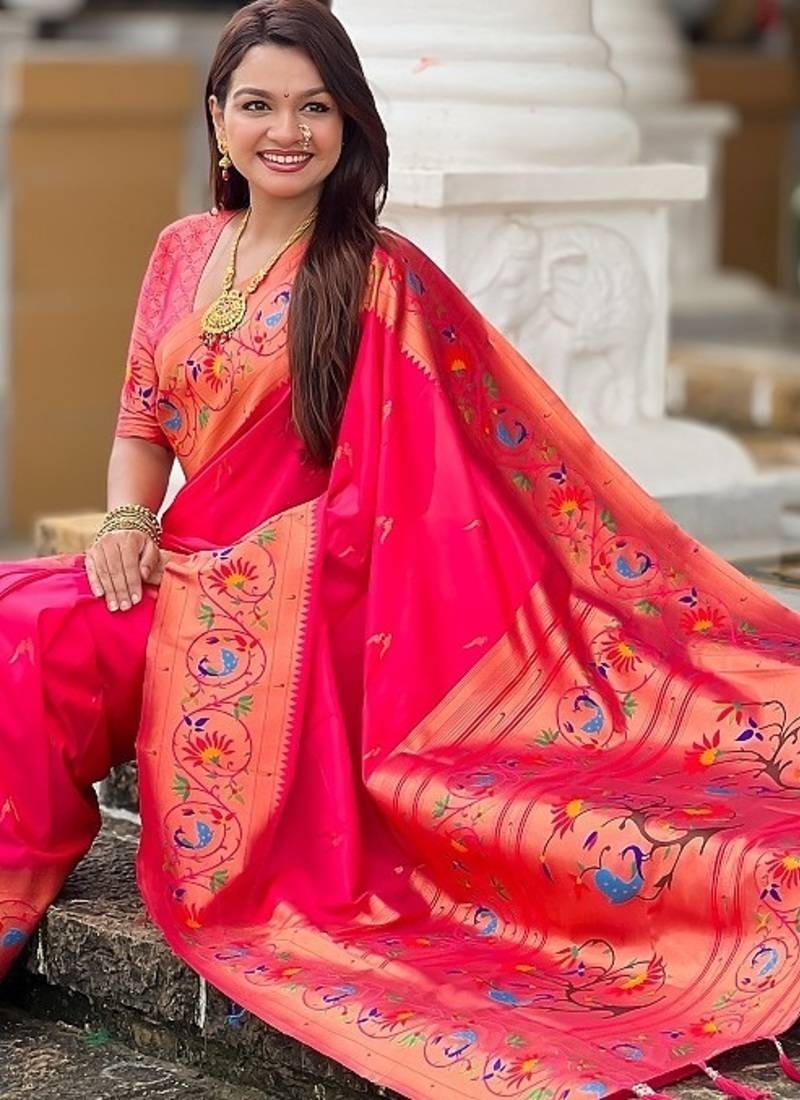 ranipink soft paithani style silk blend with zari weaving meenakari saree with blouse