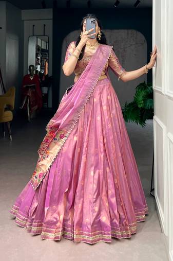 pink art silk plain Onam lehenga choli