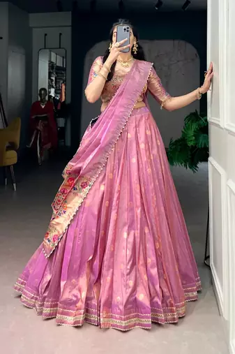 pink art silk plain Onam lehenga choli