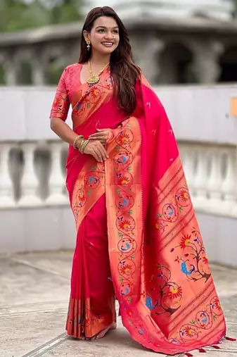 ranipink soft paithani style silk blend with zari weaving meenakari saree with blouse