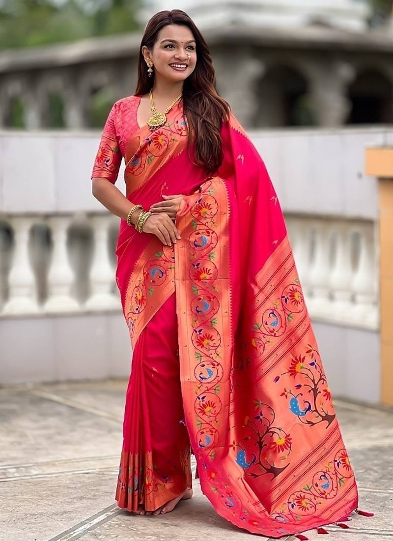 ranipink soft paithani style silk blend with zari weaving meenakari saree with blouse