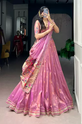 pink art silk plain Onam lehenga choli