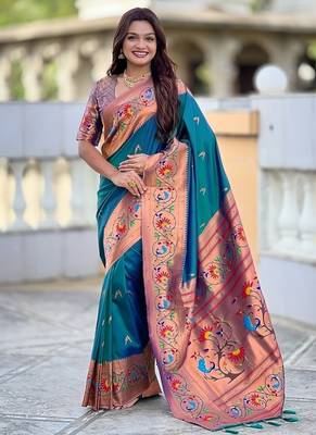 teal soft paithani style silk blend with zari weaving meenakari saree with blouse 1