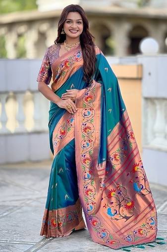teal soft paithani style silk blend with zari weaving meenakari saree with blouse