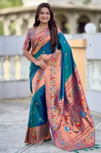 teal soft paithani style silk blend with zari weaving meenakari saree with blouse