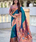 teal soft paithani style silk blend with zari weaving meenakari saree with blouse