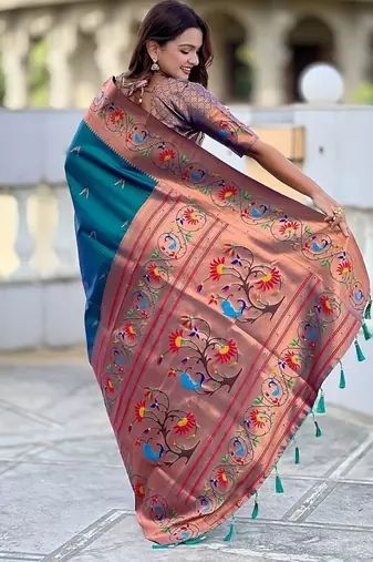 teal soft paithani style silk blend with zari weaving meenakari saree with blouse