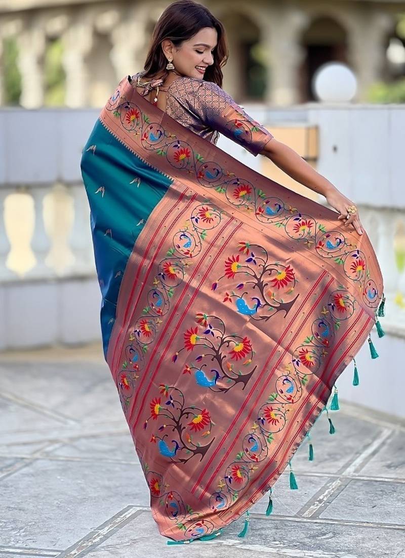 teal soft paithani style silk blend with zari weaving meenakari saree with blouse