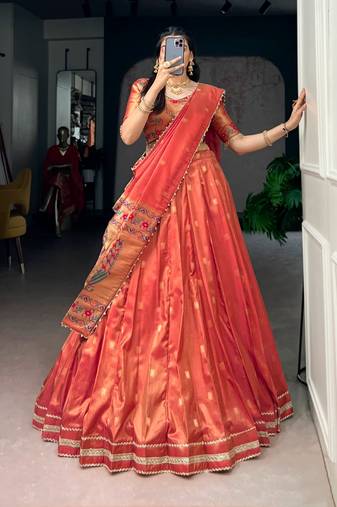 dark orange art silk plain Onam lehenga choli