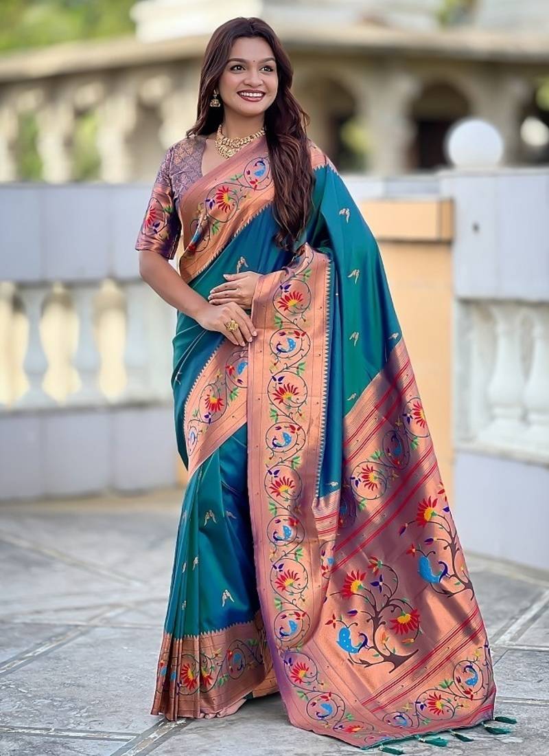 teal soft paithani style silk blend with zari weaving meenakari saree with blouse