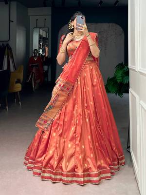 dark orange art silk plain Onam lehenga choli 2