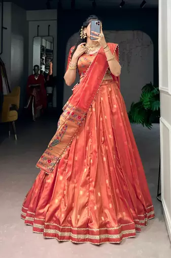dark orange art silk plain Onam lehenga choli