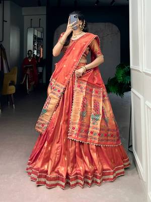 dark orange art silk plain Onam lehenga choli 3