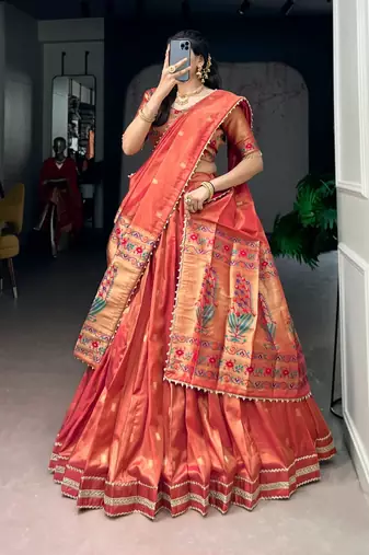 dark orange art silk plain Onam lehenga choli