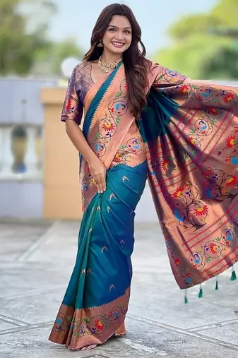 teal soft paithani style silk blend with zari weaving meenakari saree with blouse