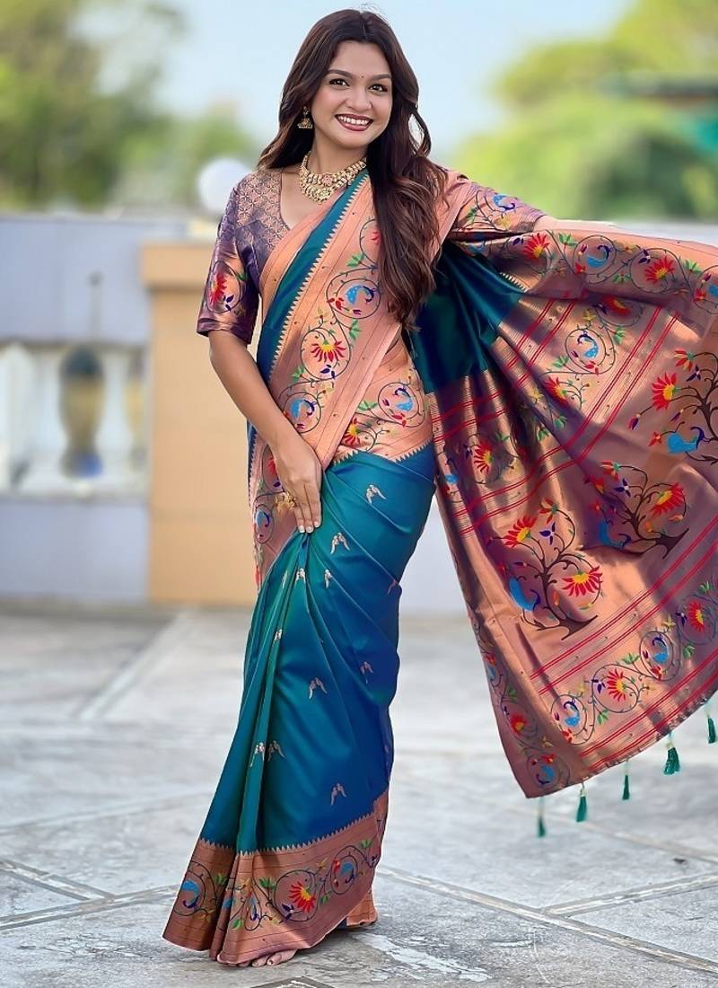 teal soft paithani style silk blend with zari weaving meenakari saree with blouse