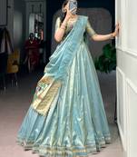 blue art silk plain Onam lehenga choli