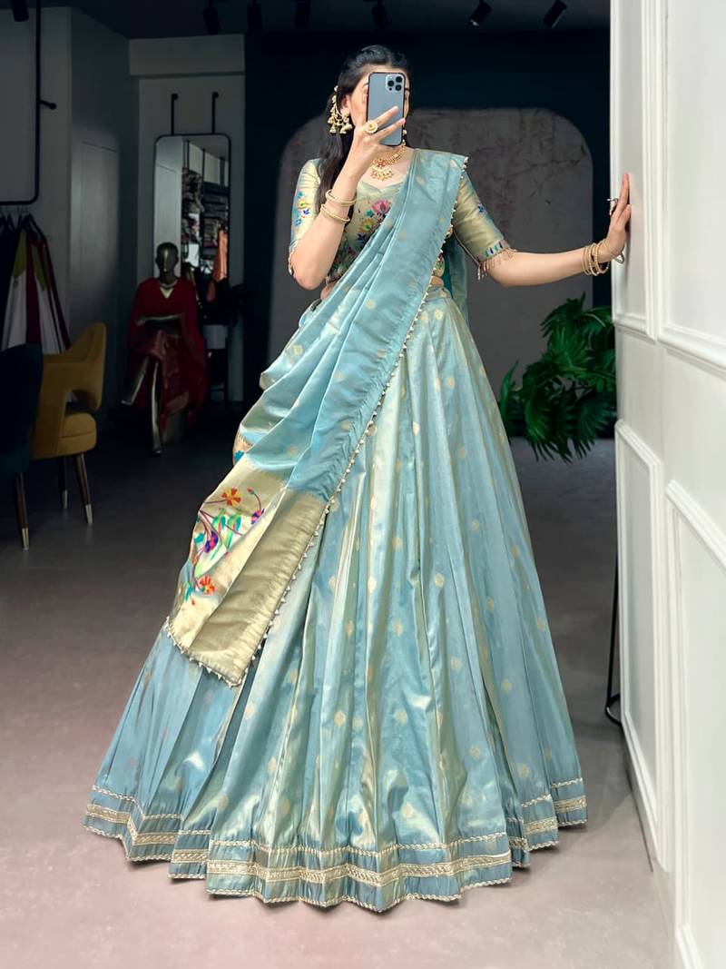 blue art silk plain Onam lehenga choli