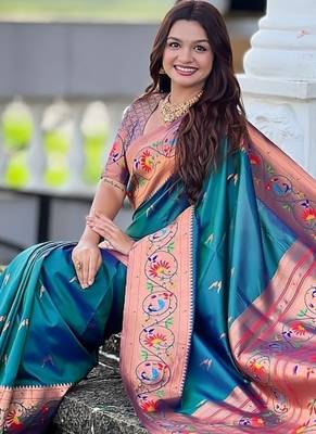 teal soft paithani style silk blend with zari weaving meenakari saree with blouse 5