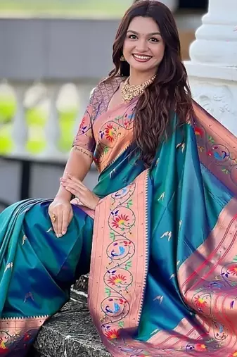 teal soft paithani style silk blend with zari weaving meenakari saree with blouse